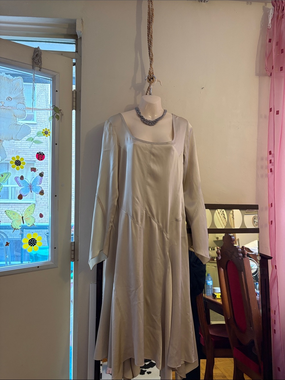 DKNY Cream Silk-Blend Long Sleeve Midi Dress.